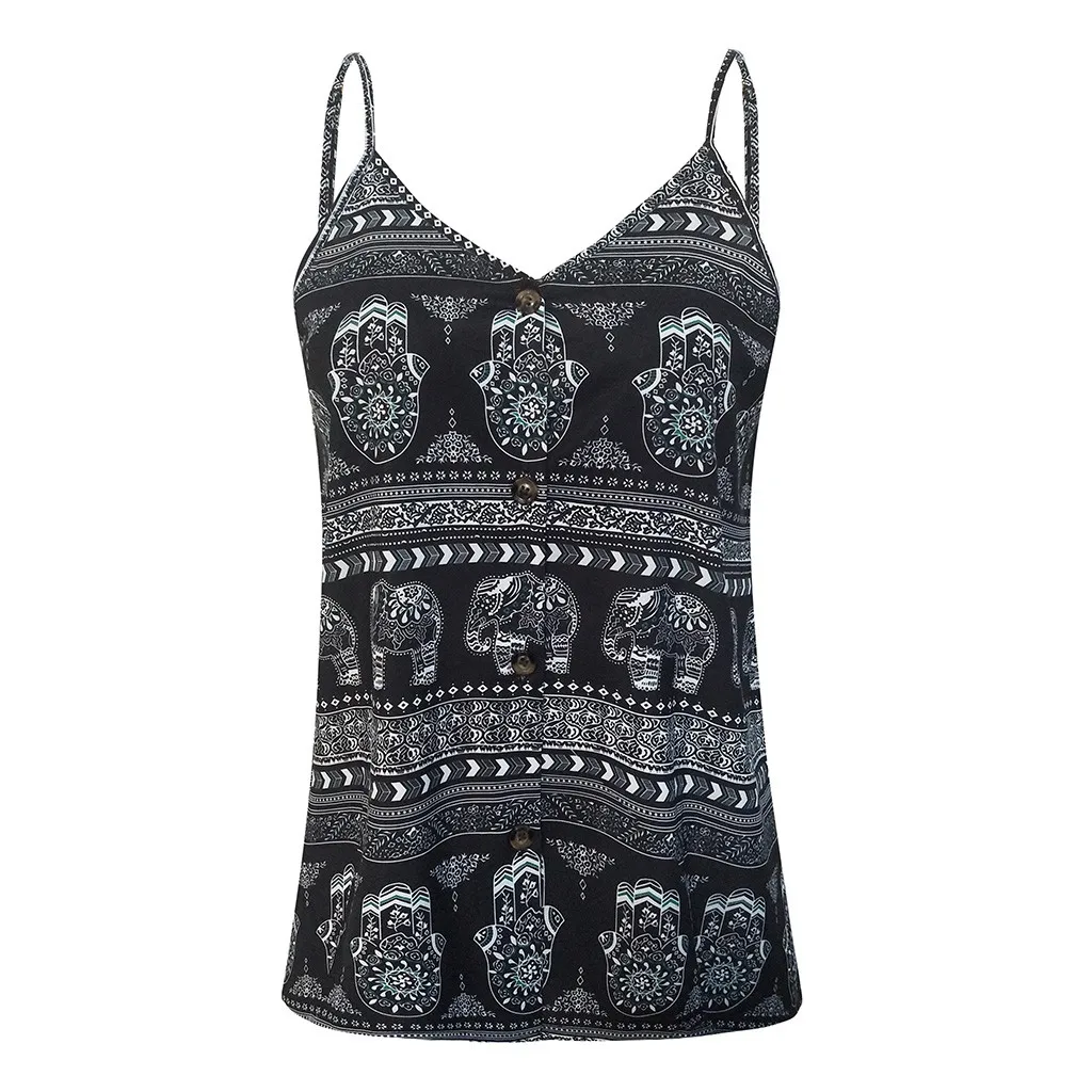 Винтажная Жилетка Топы Boho Пляжная футболка летние женские сексуальные без рукавов VogueV шеи свободные без рукавов пуговицы печати майка блузка