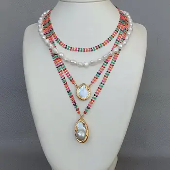 

Multi Color Enamel Chain Cultured White Baroque Pearl statement Necklace Keshi Pearl Charm Pendant necklace for women