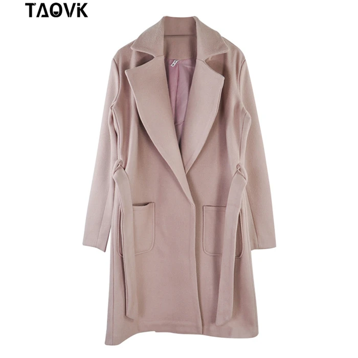 TAOVK женские куртки и пальто средней длины пояс Шерсть& смесь пальто с отложным воротником сплошной цвет Карманы парка