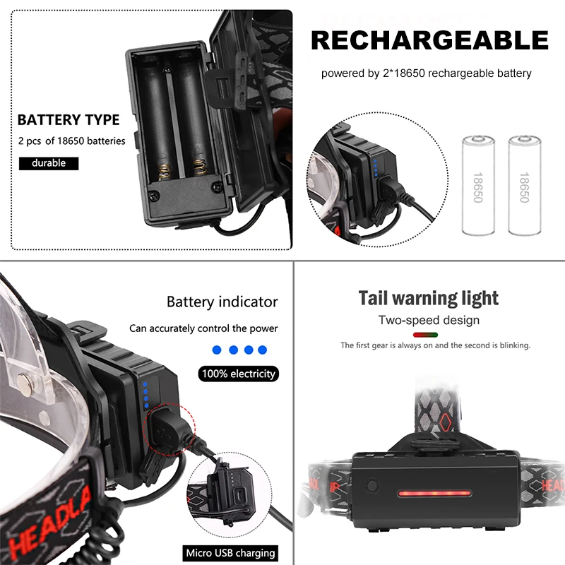 Светодиодный налобный фонарь CREE T6 XPE 360 градусов красный зеленый COB usb зарядка