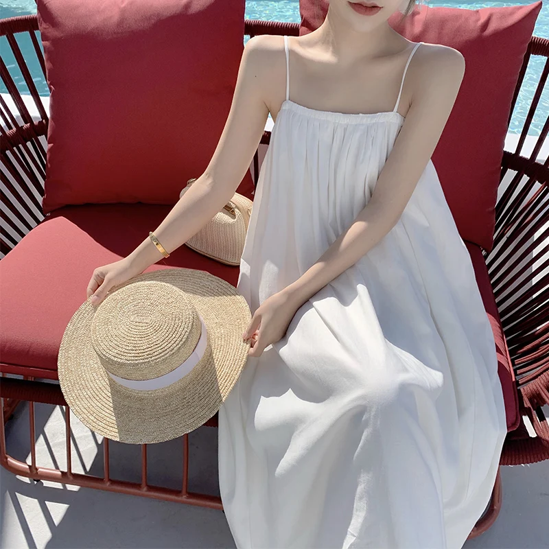 

Women's Beach Style Sexy Dress Solid Spaghetti Straps Slash Neck Backless Loose Waist Women A-Line Dresses Spring Summer 2021