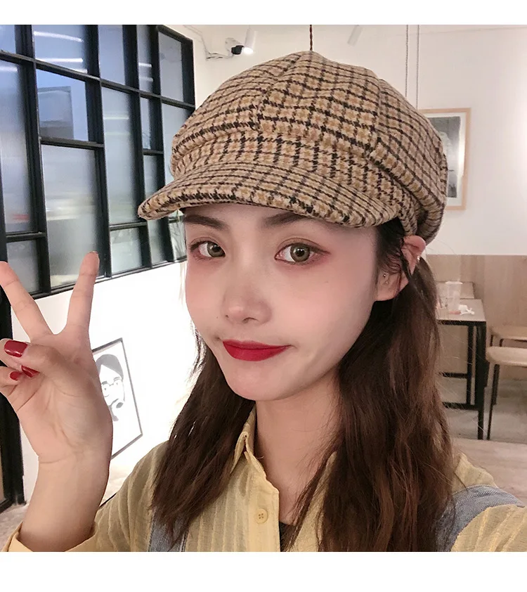 Хлопковая винтажная Классическая решетка мягкая вязаная шапочка шапка женские береты шапка осенне-зимняя женская шапка женская мода классический береты
