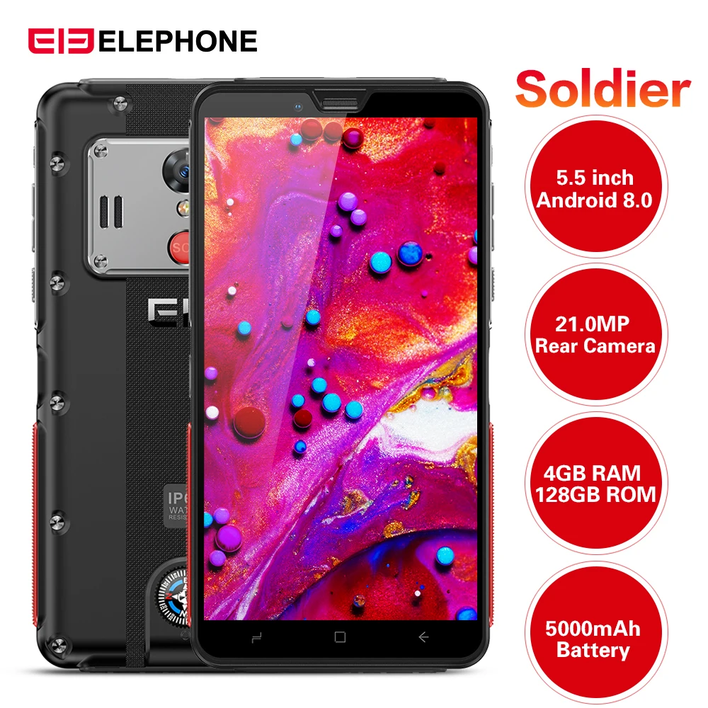 Elephone Soldier 4G смартфон 5,5 ''Android 8,0 MTK X25 4 Гб ОЗУ 128 Гб ПЗУ 5000 Мп задняя камера IP68 мАч мобильный телефон
