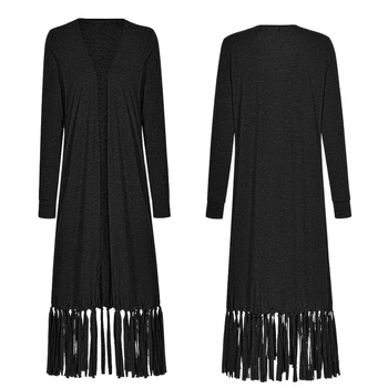 

With Tassel Cotton Blend Daily Street Fashion Calf Length Loose Long Sleeve Women Coat Outwear Open Front Casual Solid Autumn