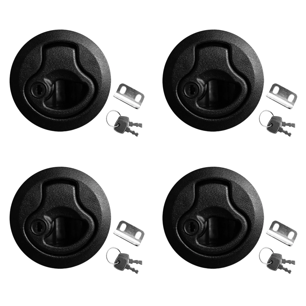 4pcs Boat Hatch Lock with Keys, Marine 2 inch 50mm Flush Pull Slam Latches, Round Deck Hatch for RV Yacht, Black