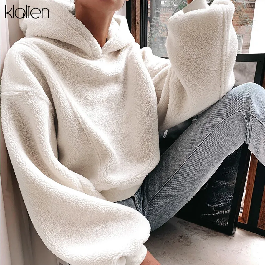 KLALIEN, женские толстовки с капюшоном из искусственного меха, повседневные, модные, теплые, толстые, Осень-зима, горячая Распродажа, свободная длинная одежда, одноцветная одежда, новинка