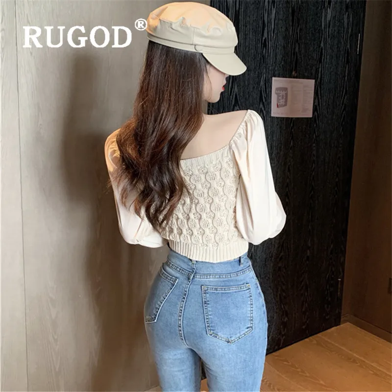 RUGOD трикотажная одежда, сшитые шифоновые короткие топы с рукавами-колокольчиками, квадратный воротник, простые Зимние Топы для женщин, одежда, одноцветные