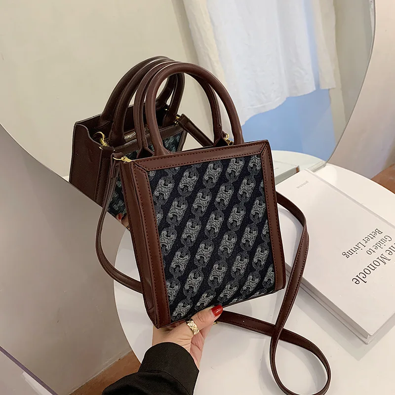 

2020 New Denim Embroidery Triumphal Arch Pattern Stitching Soft Leather Tote Bag Shoulder Diagonal Women Bag