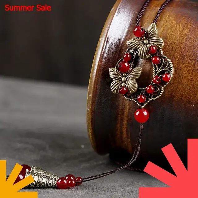 butterfly and flowers long necklace