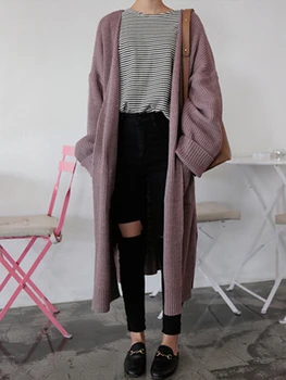 

Autumn Women Long Cardigan Coat V-neck Long-sleeved Solid Color Clothes 2019 New 3 Color Loose Pocket Korean Style Sweater
