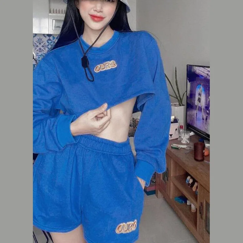 Fall Tracksuit Two Piece Set Outfits Suit Women Clothing Streetwear Embroidery Long Sleeve Sweatshirt Elastic Waist Shorts Sets |