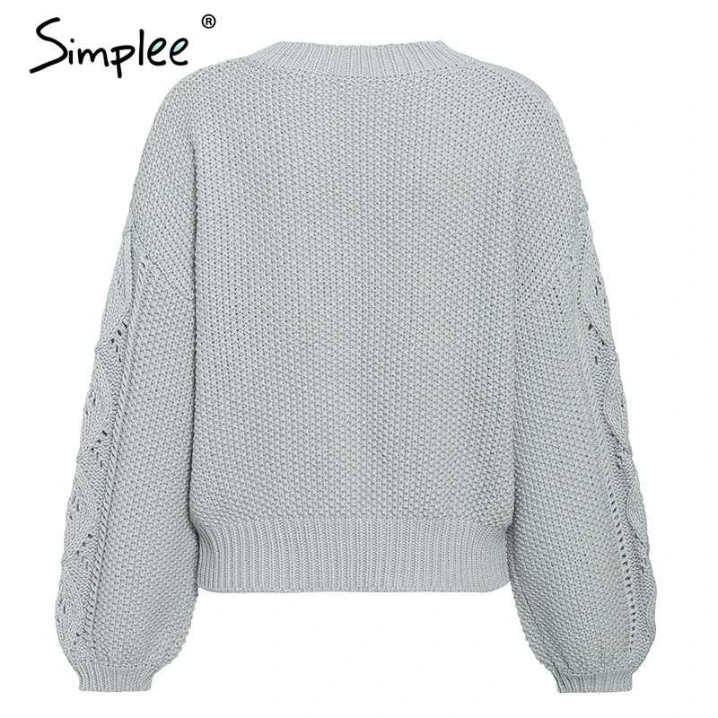 Simplee Hollow out knitted women pullover sweater Lantern sleeve female autumn winter sweater O-neck casual ladies jumper