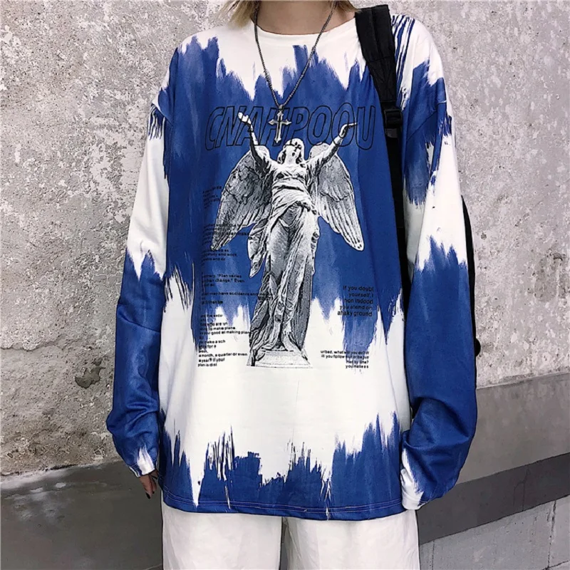 blue Осень Корея ulzzang Харадзюку улица Винтаж BF tie-dye Ангел печати o-образным вырезом пуловер свободная повседневная женская футболка с длинными рукавами - Цвет: blue
