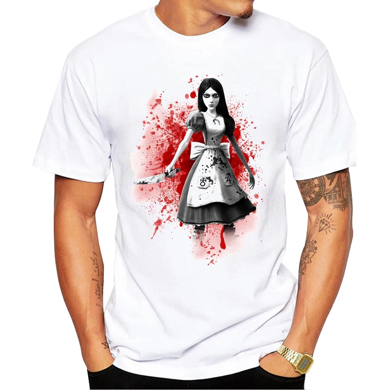 TEEHUB Lustige Madness Returns Männer T-Shirt Mode Blutige Alice Gedruckt T-shirts Kurzarm Casual Sommer T Hipster Tops