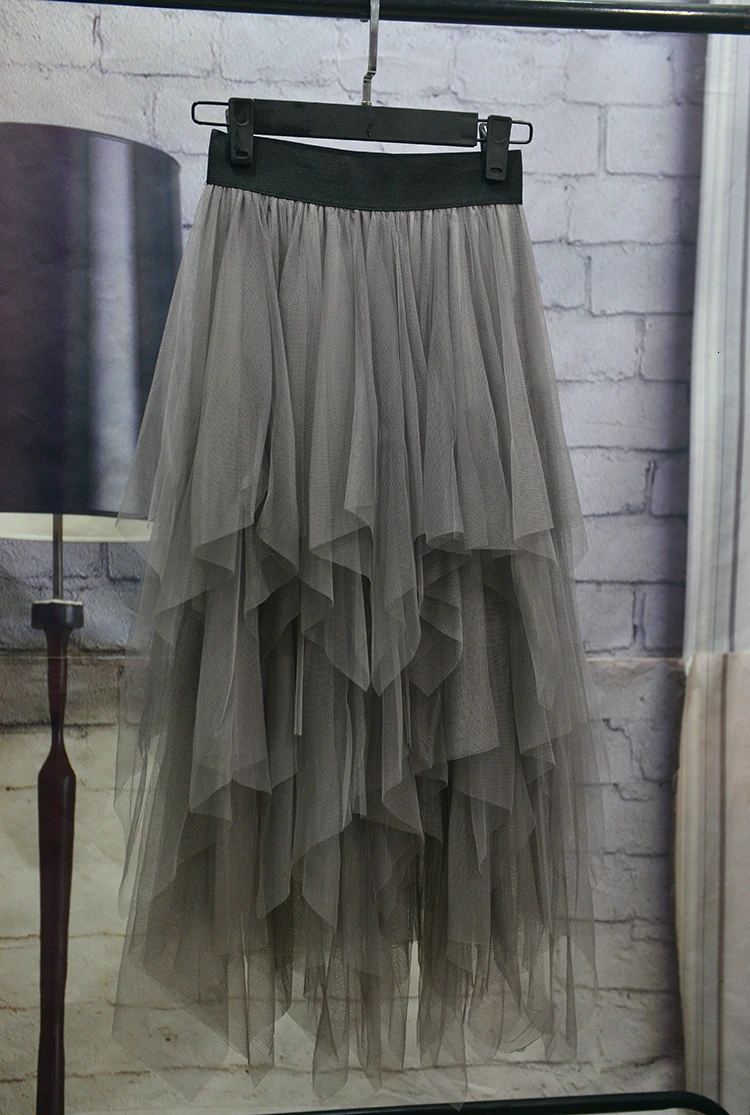 Dark grey LANMREM/Асимметричная юбка,, цветная сетка, пэчворк, а-силуэт, высокая талия, средняя длина, модная популярная юбка, весна, тренд PC377 - Цвет: Dark grey
