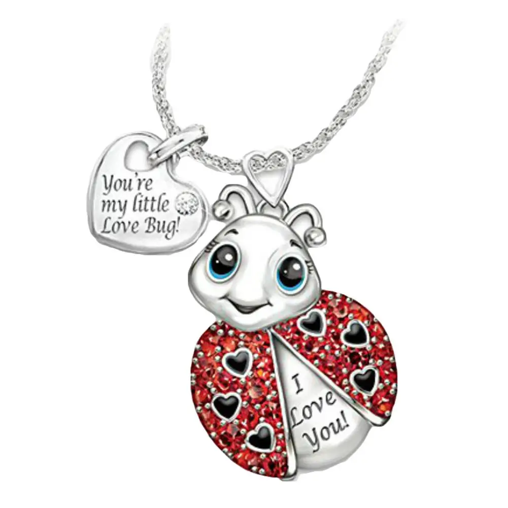 

Women Rhinestone Inlaid Ladybug Heart Letter Pendant Chain Necklace Jewelry Gift