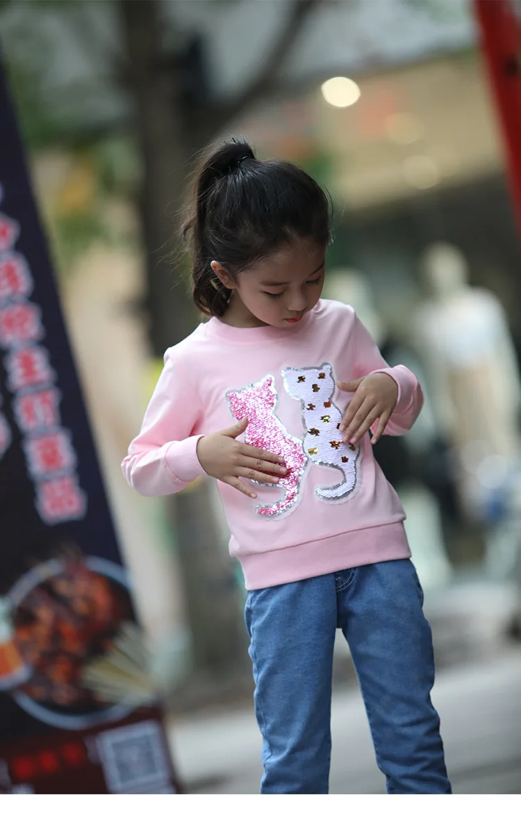 Cartoon Sequins Cat Sweatshirt Kids Girls Spring Children Cotton Long Sleeve Tshirts Fashion Cute Tops Toddler Clothes New
