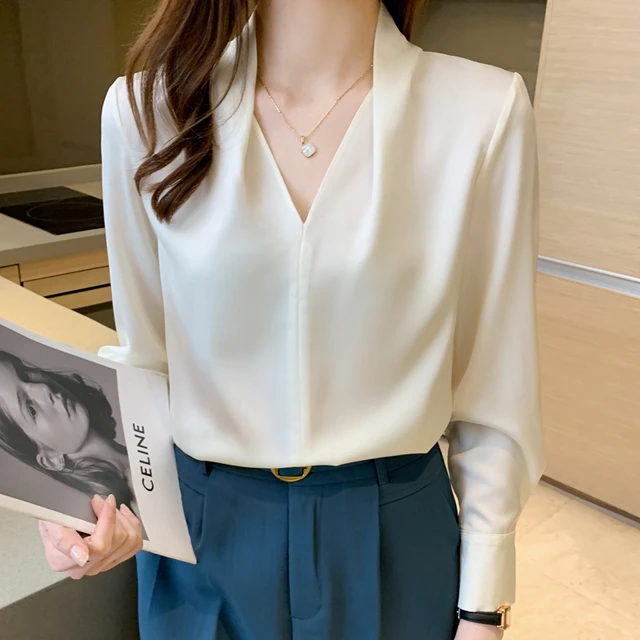 Women Tops and Blouse 2022 Elegantes Satin V-neck Long Sleeves Shirts Solid  Female Blusas Mujer Dropshipping Apricot Beige Color - AliExpress