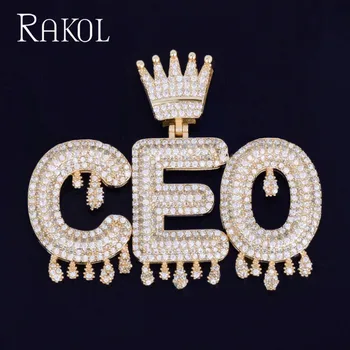 

RAKOL Hip Hop Jewelry Custom Name Crown Bail Drip Initials Bubble Letters Chain Pendant Necklaces For Men Women Cubic Zircon