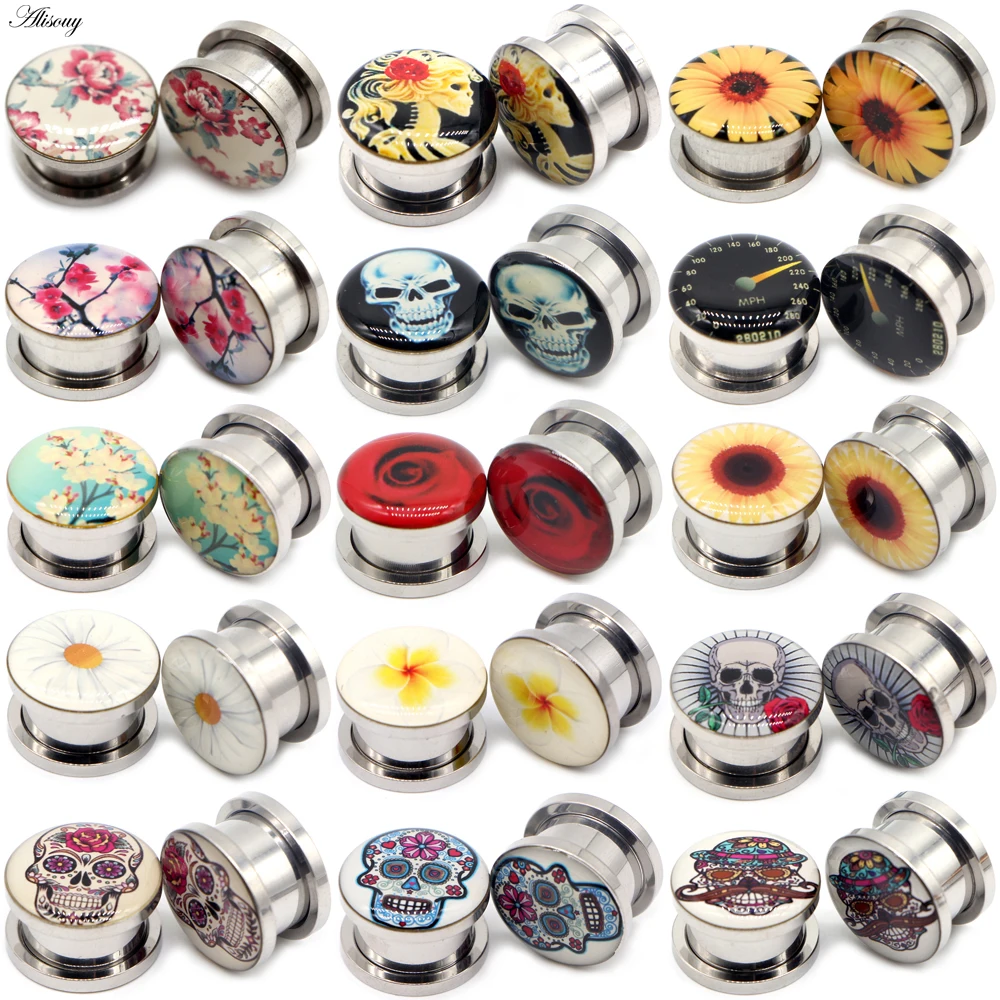 Alisouy 2pcs Flower Skull Bird Clock Stainless Steel Ear Tunnels Plugs