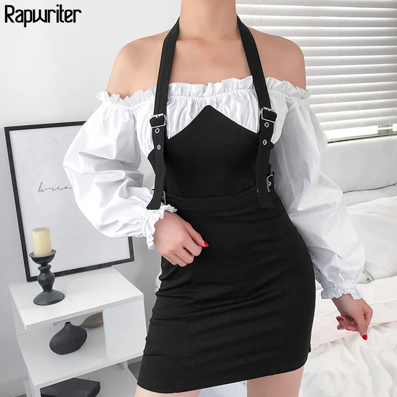 

Rapwriter Panelled Fake 2 Piece Off Shoulder Halter Dress Women 2019 Autumn Streetwear Lady Long Sleeve Sexy Mini Dress Vestidos