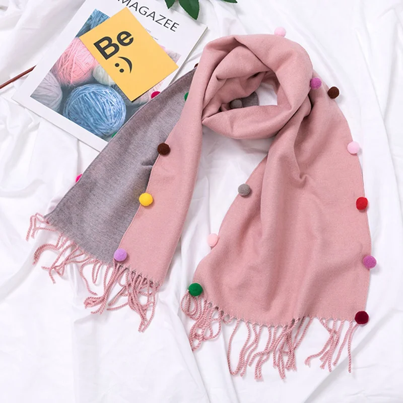 155 см детский кашемировый шарф унисекс с большими кисточками и помпонами, Детские теплые шарфы для шеи, мягкий снуд на ощупь