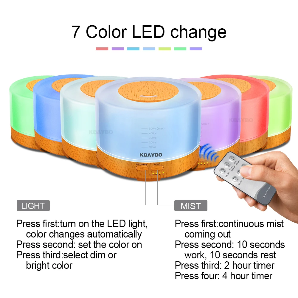 Preise 500ml Fernbedienung Aroma Ätherisches Öl Diffusor Ultraschall luftbefeuchter mit 4 Timer Einstellungen 7 Farbwechsel LED Lampe