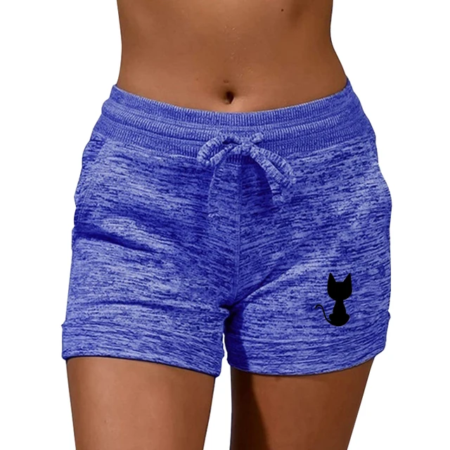 Summer Women's Shorts Back View Cat Printed Elastic Casual Sports Quick Drying Fitness Breathable Female Sweatpants Plus Size Blue