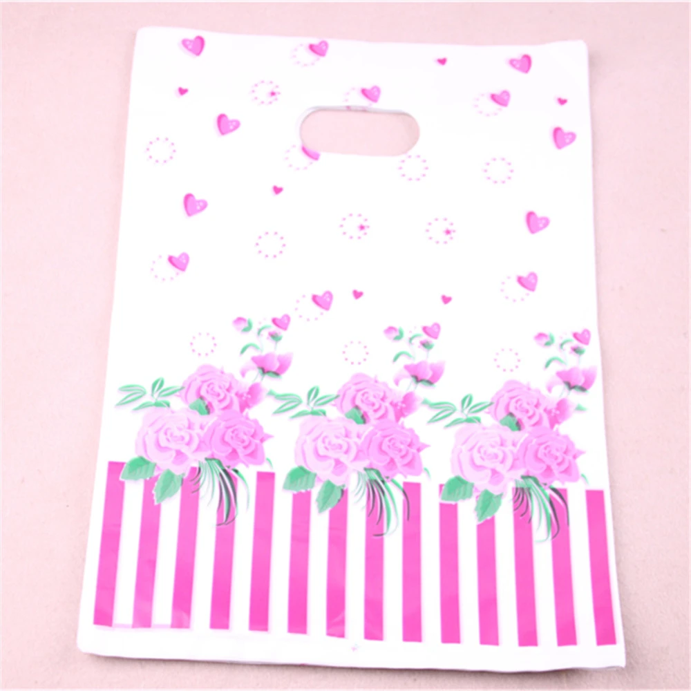 birthday gift bags New Plastic Shopping Bags With Pink Lovely Rose Heart Flower Wholesale 100pcs/lot 25*35cm Sachet Cadeau bubble wrap roll