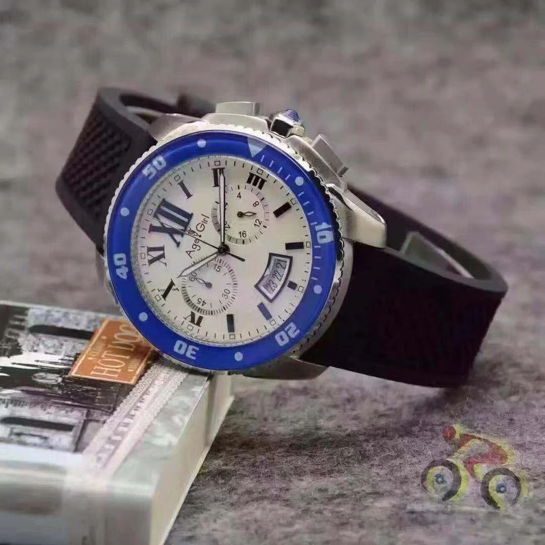 Blue White Роскошные брендовые новые мужские часы, кварцевые хронограф, секундомер, нержавеющая сталь, сапфировый синий керамический ободок, серебристые резиновые черные часы - Цвет: Blue White