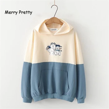 

Merry Pretty Women Cartoon Printed Hooded Sweatshirts 2019 Winter Long Sleeve Patchwork Hoodies For Femme Tracksuits Pullovers