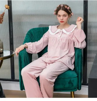 

Court style women's cute pajama sets flannel princess style thick sweet Pandora collar pajamas for winter