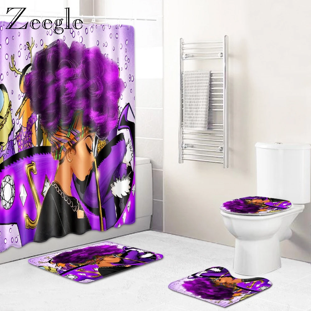 Zeegle Christmas Bathmat Set Bathroom Creative Floor Mat Anti-slip Toilet Shower Curtain Set Printed Cartoon Toilet Foot Rug