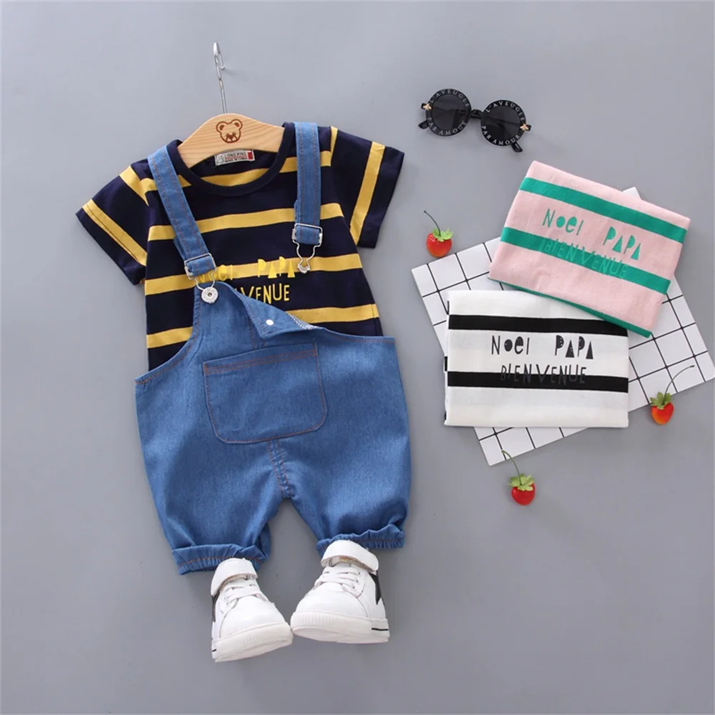 Комплект одежды для малышей 0-24 мес., 2 предмета, футболка в полоску с короткими рукавами для мальчиков, комплект джинсовых комбинезонов, одежда для маленьких девочек, костюм для маленьких мальчиков, комплект для младенцев