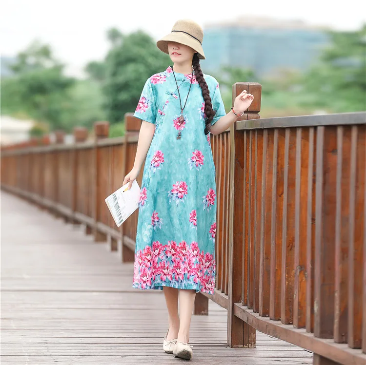 

Spring And Summer Autumn Elegant New Style Cheongsam in Nation Frog Summer Wind-Style Dress Retro Short Sleeve Tie-dye Printed