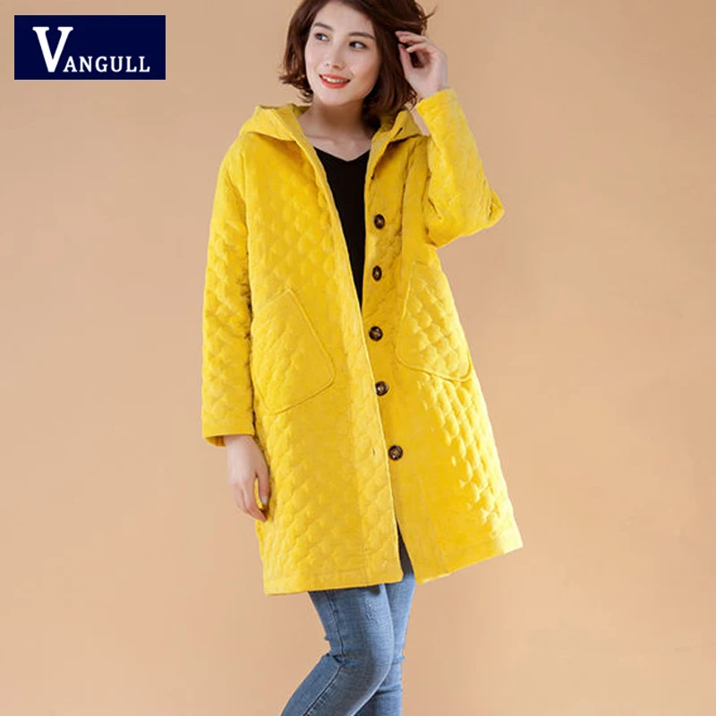 Yellow Vangull/зимние Вельветовые женские куртки, плотные длинные пальто с капюшоном, новые осенние повседневные свободные однобортные вельветовые куртки - Цвет: Yellow
