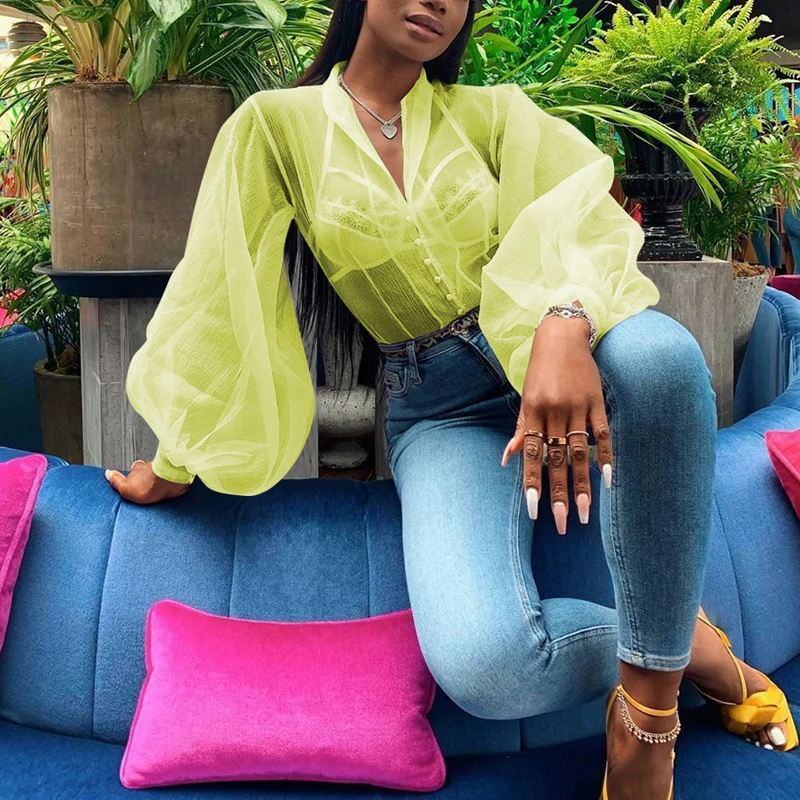 Women Casual V-neck Chiffon Lantern Sleeve Blouse Autumn Sweet Solid Spliced See Through Long Sleeve Chic Plus Size Shirt
