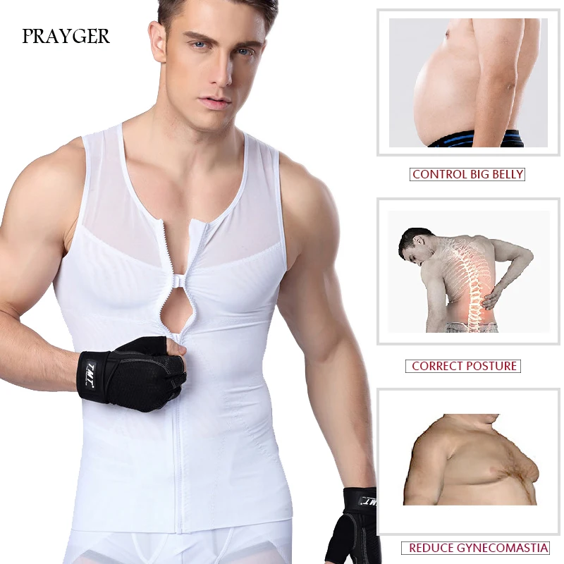 Men Slimming Abdominal Shaper Chest Vest Waist Trainer Tops Gynecomastia Shirt Control Boobs Zipper
