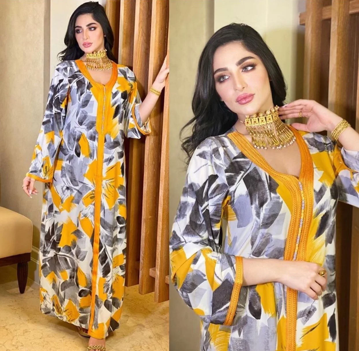 

Muslim Print Dress Women Dubai Abaya Caftan Marocain Evening Dresses Long Sleeve Kaftan Maxi Dress Robe Arabic Islamic Clothes