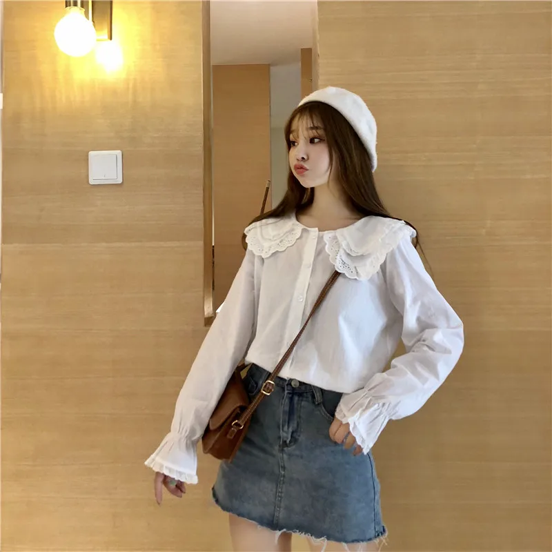Very Cute Crochet Lace Baby Doll Blouse White Flare Sleeve Shirt Women Top Chemise Femme Chemisier Blanca Blusa Mujer Camisa