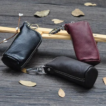 

Men Key Bag Genuine Cow Leather Buckets Key Cases Pouch Zipper Keychain Auto Car Key Case Bag Women Home Key Holder