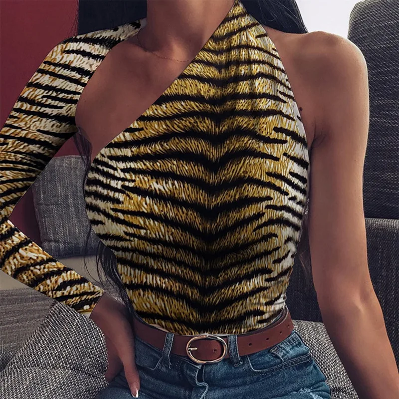 Сексуальное Женское боди на одно плечо с длинным рукавом с принтом тигра, трико с открытой спиной, топы, облегающий женский комбинезон, блузка, комбинезон