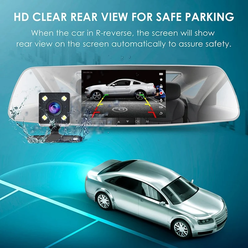 Зеркало Dash Cam 5 дюймов Ips нажатие на экран, 1080P двойной объектив Dash Cam 170 градусов широкий угол Передняя Автомобильная камера и задний резервный камера W