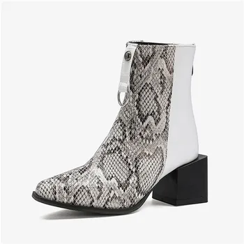 

Oversized Snakeskin Leather Stitching Square Toe Chunky Heel Chelsea Boots Stone Pattern Thick Bottom Mid Heel Ankle Boots Snake