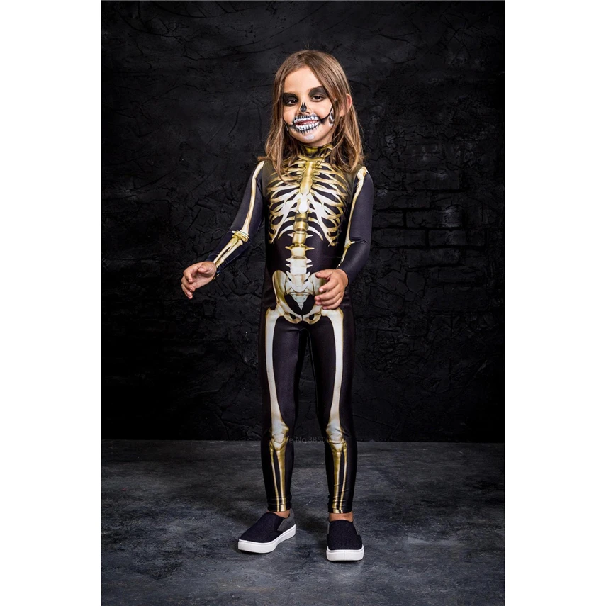 Halloween Cosplay Jumpsuit Gold Skeleton Women Kids Scary Costume Man Fancy Day of The Dead Family Carnival Party Devil