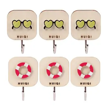 

6pcs Wooden Sticky Hooks Cute Household Hooks Wall Door Hanging Decors for Home Shop Eyeglasses and Swim Ring