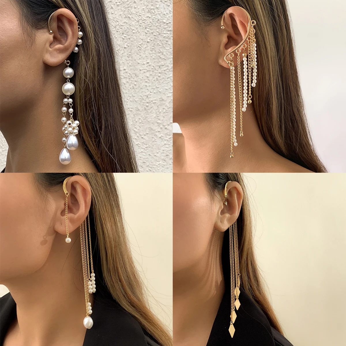 Ingemark Long Tassel Geometric Imitation Pearl Chain Clip Earrings No Pierced Ear Cuff Cartilage Elegant Female Women Jewelry | Украшения и