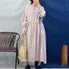 Johnature New Linen Women Embroidery Loose Dresses 2022 Autumn Vintage O-neck Full Sleeve Button Solid Color Female Dress ► Photo 3/6