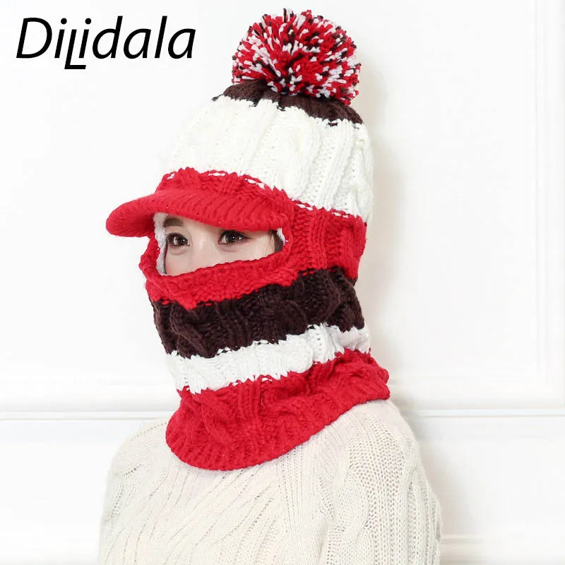 Женская шерстяная зимняя вязаная шапка Dilidala, ветрозащитная шапка с защитой от холода и ушей, вязаный пуловер, бархатная велосипедная маска