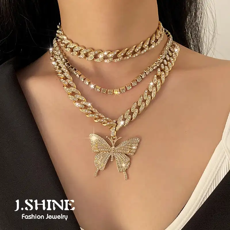 Jshineファッション蝶チェーンアイスアウトキューバリンクチェーンビッグ蝶ペンダントネックレス女性21チョーカーステートメントジュエリー チェーンネックレス Aliexpress